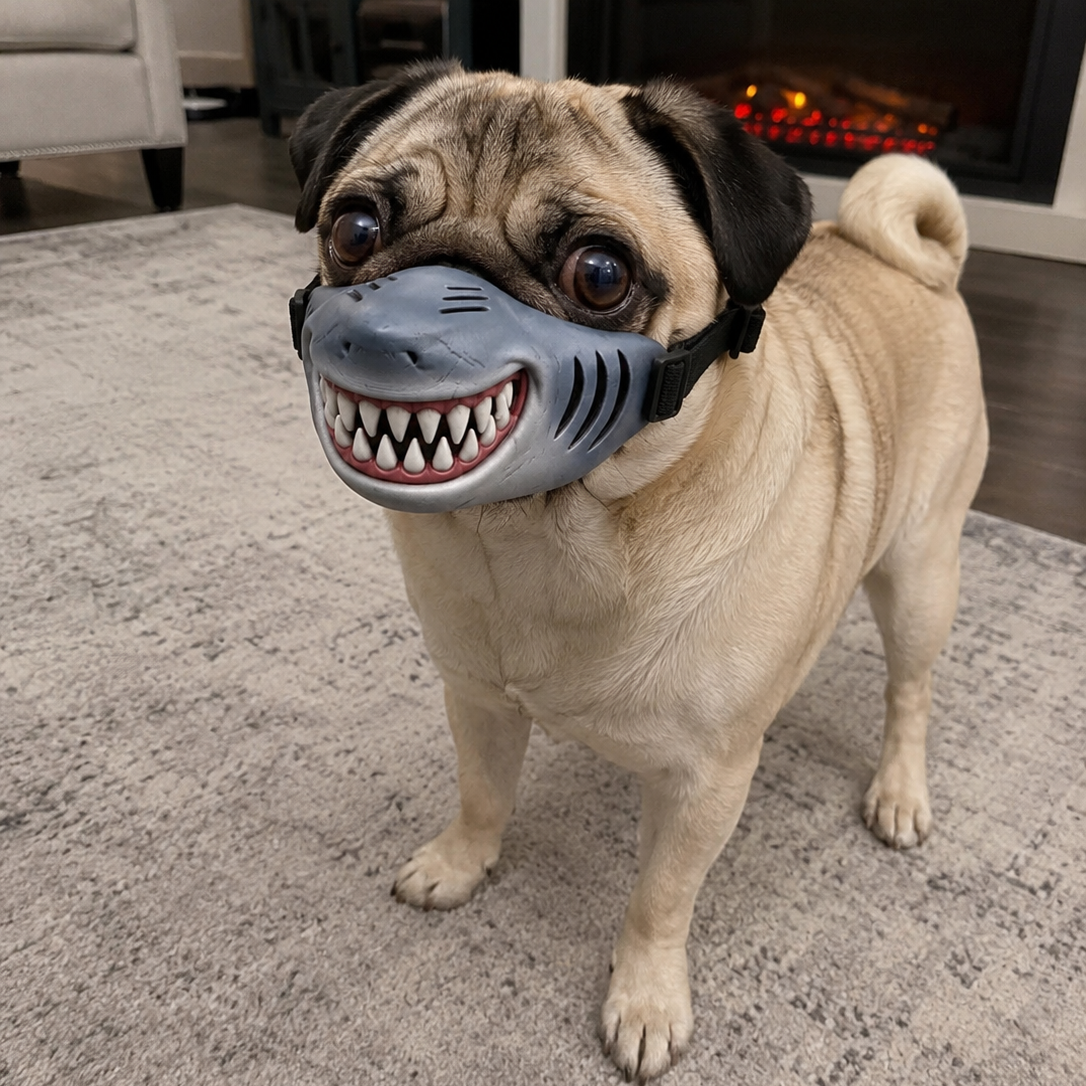 A pug dog wearing a novelty shark-mouth muzzle in a living room setting with a fireplace and rug in the background.