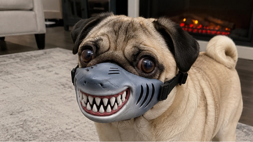 A fawn pug wearing a gray shark-shaped muzzle with black straps, standing in a living room in front of a fireplace.